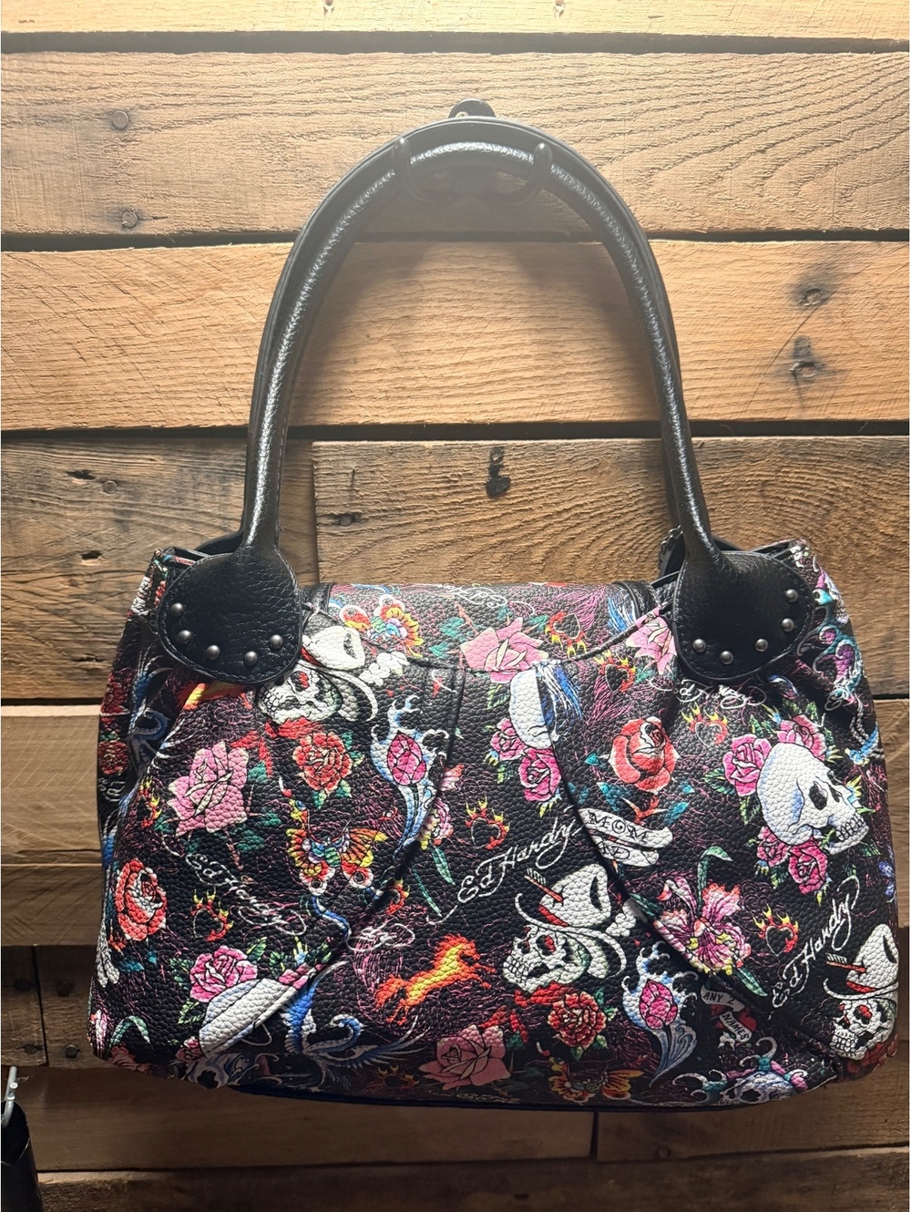 Ed Hardy Black Skull Rose Tattoo Satchel Handbag Purse NWT - Picture 4 of 5